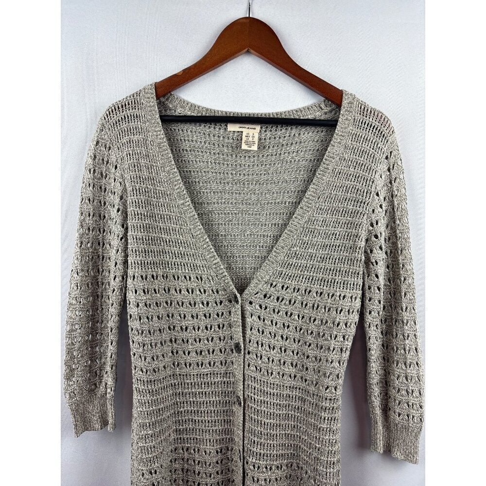 DKNY Jeans Womens Small Gray Crochet Knit Cardigan Sweater